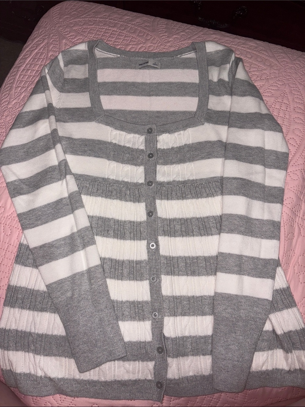 Hollister Gray & White Striped Button-Front Cardigan Sweater